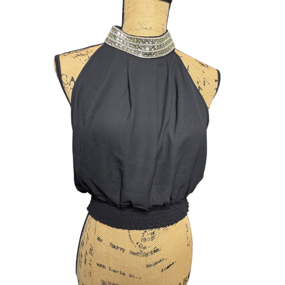 Y2K 2000s Trende Black Crepe Diamond Choker Collar Crop Top
